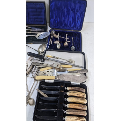 395 - A selection of boxed and loose silver plated cutlery to include loose 19th century fiddle pattern cu... 