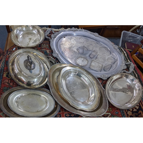 396 - A silver plated twin handled cast tray together with entree dishes and other items
Location:A2B
If t... 