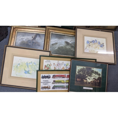 398 - Mixed Framed pictures to include a watercolour river landscape scene, printed entitled ' Heralds of ... 