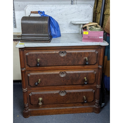 218 - A 19th century French wash stand having a marble top with three drawers below, 104cm h x 76cm w
Loca... 