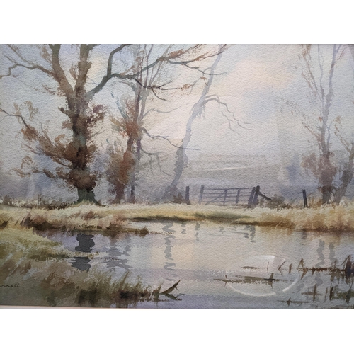 321 - Dennis Parnett - three watercolours, Autumn Mist/ Summer in the class of river landscape, signed art... 