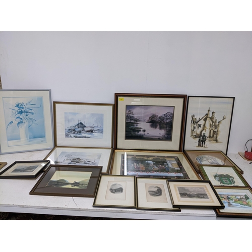 324 - A quantity of framed painting and prints to include a large Indian miniature, E clarked limited edit... 