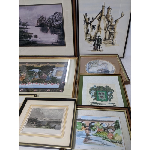 324 - A quantity of framed painting and prints to include a large Indian miniature, E clarked limited edit... 