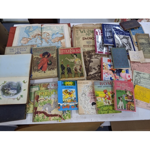 327 - Assorted books to include various books by Enid Blyton, little folks, maps, an album with armature p... 