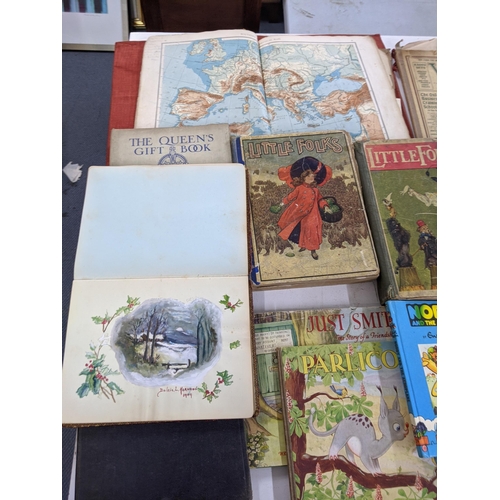 327 - Assorted books to include various books by Enid Blyton, little folks, maps, an album with armature p... 