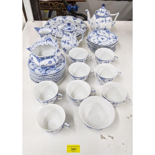 341 - A Royal Copenhagen part dinner service to include a teapot, milk jug, eight cups, two dinner plates ... 