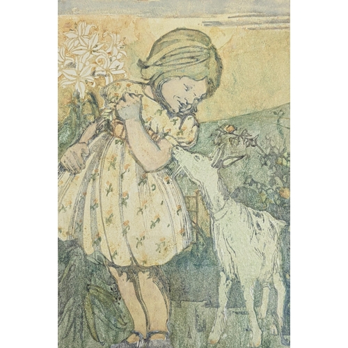 344 - A tapestry Little Bo Peep sitting on the grass beside her hat and watercolour depicting a young girl... 