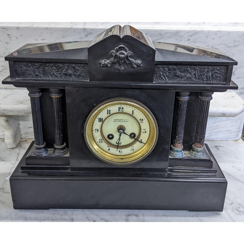 223 - A Victorian black slate marble 8-day mantel clock of architectural form, dial signed Hamilton & Co, ... 