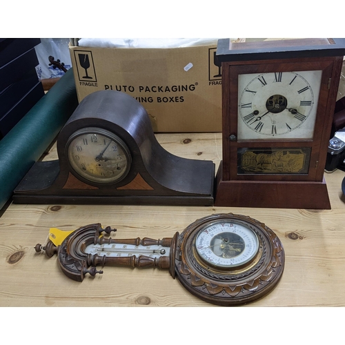 225 - Two late 19th/early 20th century American mantel clocks, together with a Moore & Co Dublin barometer... 