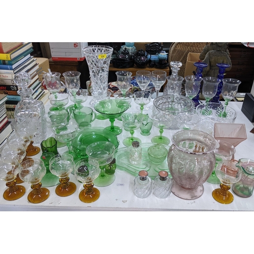 226 - Mixed glassware to include a crystal cut vase, early 20th century uranium glassware, guilloche ename... 