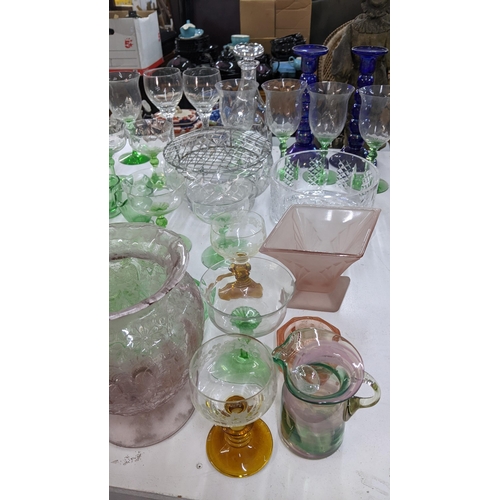 226 - Mixed glassware to include a crystal cut vase, early 20th century uranium glassware, guilloche ename... 