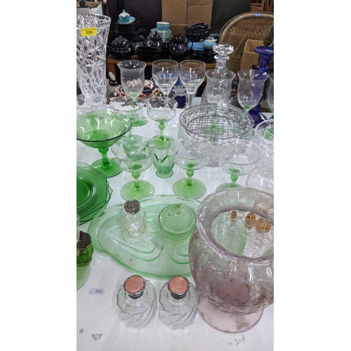 226 - Mixed glassware to include a crystal cut vase, early 20th century uranium glassware, guilloche ename... 