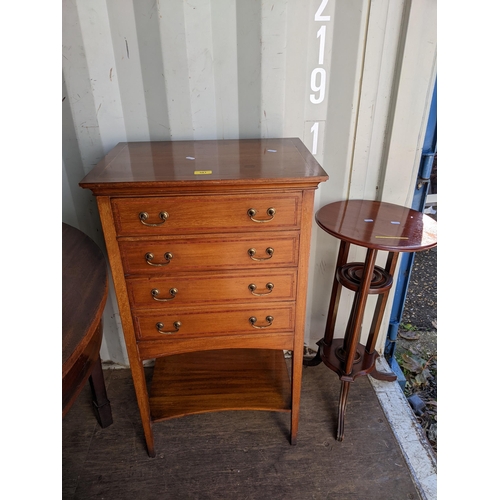 381 - An Edwardian inlaid mahogany music cabinet and a 20th century walnut table on splayed legs, 71cm h x... 