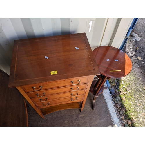 381 - An Edwardian inlaid mahogany music cabinet and a 20th century walnut table on splayed legs, 71cm h x... 