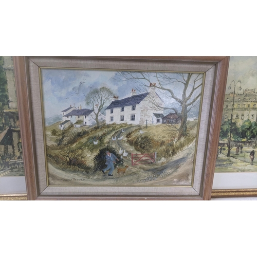 422 - Pictures and paintings to include Angela Fielder rural landscape with farmhouses and gentleman with ... 