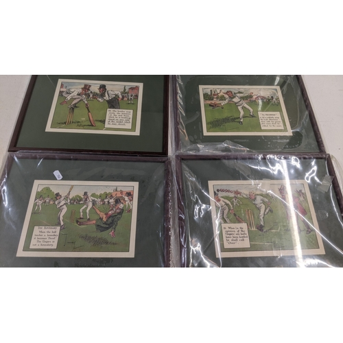 423 - Six Laws of Cricket Charles Crombie illustrated prints, framed and glazed, to include Lost Ball, The... 