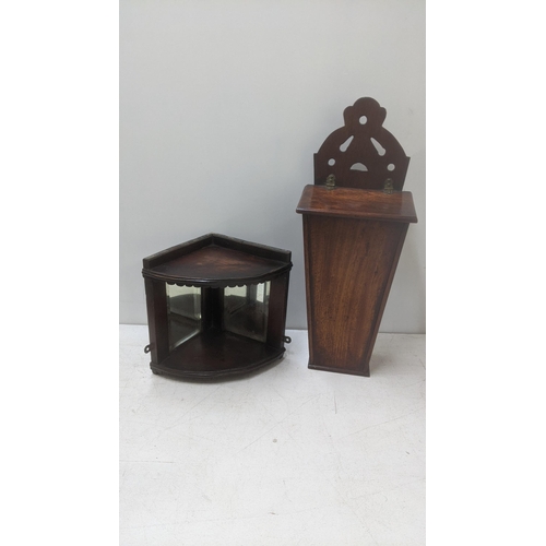 428 - A 19th century walnut wall hanging candle box, together with a late 19th century corner shelf inset ... 