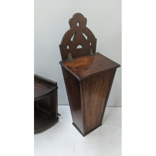 428 - A 19th century walnut wall hanging candle box, together with a late 19th century corner shelf inset ... 