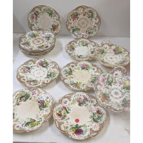 432 - A set of 13 Victorian floral painted dinner plates, together with a twin handled pedestal dish and o... 