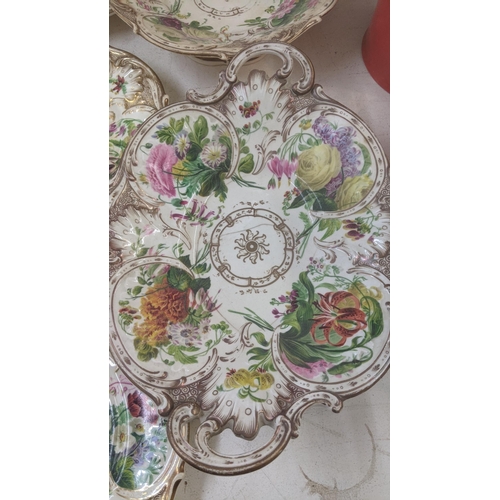 432 - A set of 13 Victorian floral painted dinner plates, together with a twin handled pedestal dish and o... 