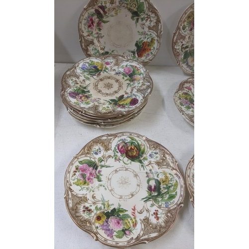 432 - A set of 13 Victorian floral painted dinner plates, together with a twin handled pedestal dish and o... 