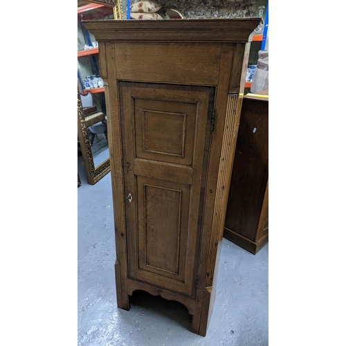 447 - A 19th century oak narrow side cabinet, two panel doors flanked by fluted edges, shaped interior she... 