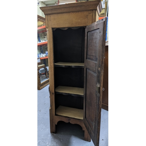 447 - A 19th century oak narrow side cabinet, two panel doors flanked by fluted edges, shaped interior she... 