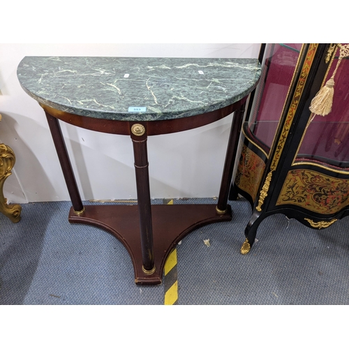 491 - A modern demi-lune mottled green marble topped table on a hardwood base/frame Location: A4M
If there... 