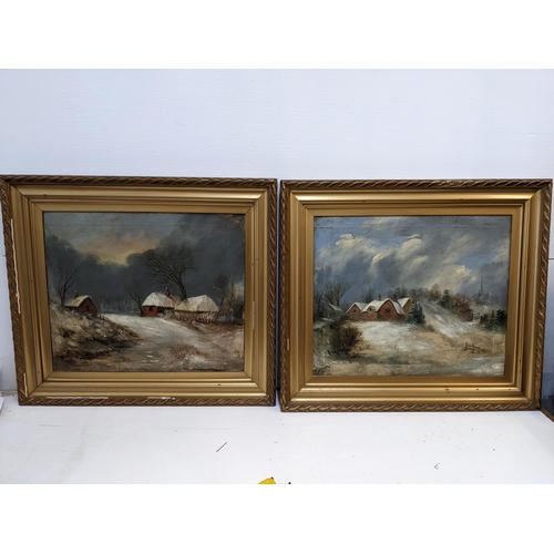 519 - 19th century continental school - a pair of winter landscapes with cottages, oil on canvas, 51cm x 6... 