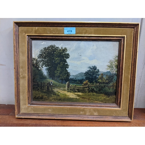 541 - 19th century Continental School - rural scene with a woman on a path on board, 24cm x 32cm framed Lo... 