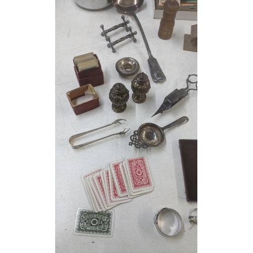 444 - A mixed lot to include daguerreotype, silver plated items, sauce ladle, sugar tongs and others toget... 