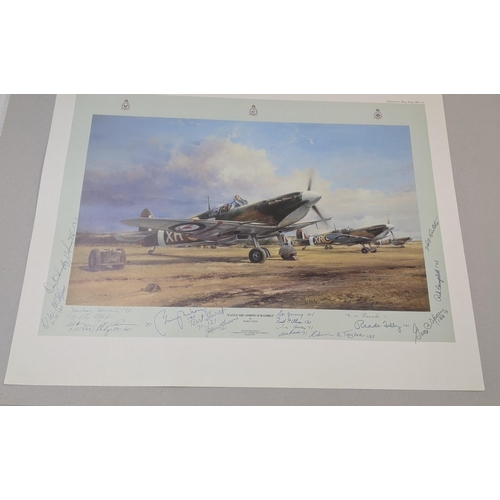 530 - After Robert Taylor, Eagle Squadron Scramble, colour print signed by 17 people, unframed, 63cm x 50.... 