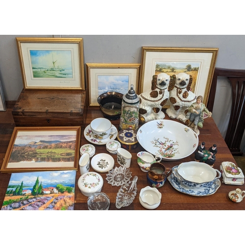 460 - Collectables to include a pair of Staffordshire dogs A/F, a Royal Worcester dressing table set, fram... 