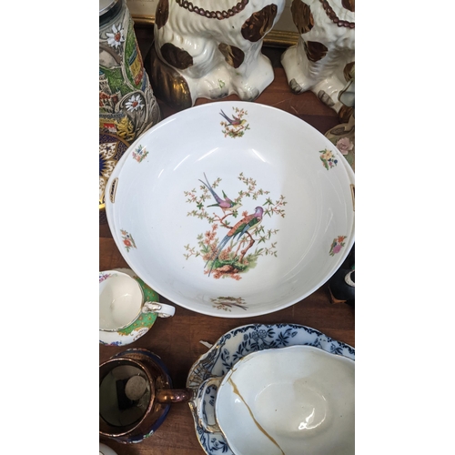 460 - Collectables to include a pair of Staffordshire dogs A/F, a Royal Worcester dressing table set, fram... 