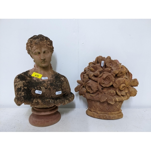 479 - A weathered composition stone/terracotta coloured garden bust of a classical woman, 35cm h, and a wa... 