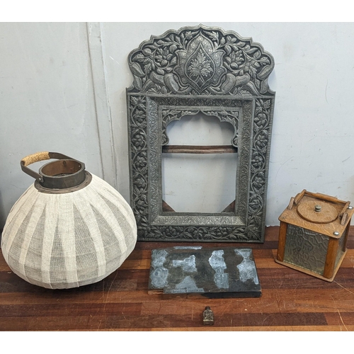 553 - A mixed lot to include two vintage lanterns, an Asian metal embroidered frame, a printing press and ... 