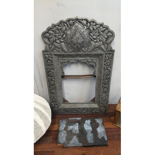 553 - A mixed lot to include two vintage lanterns, an Asian metal embroidered frame, a printing press and ... 