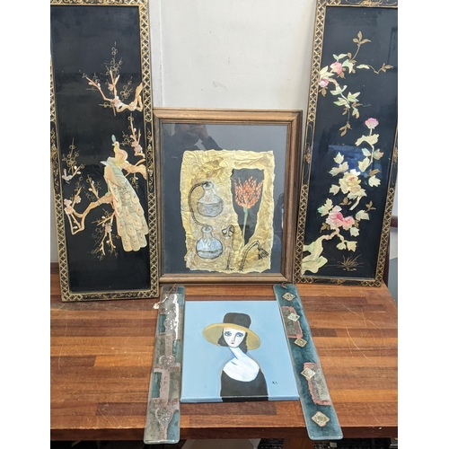 555 - A mixed lot to include two Chinese black lacquered panels, two glass panels and other items
Location... 