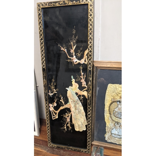 555 - A mixed lot to include two Chinese black lacquered panels, two glass panels and other items
Location... 