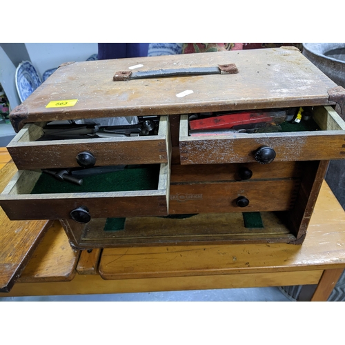 563 - A Moore & Wright engineer's teak tool chest, fall flap (with key), interior with six short and two l... 