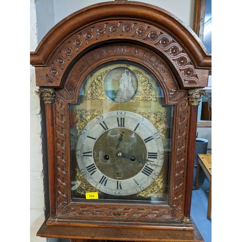 554 - A 19th century and later adapted longcase clock with a brass dial, rocking ship and silvered chapter... 