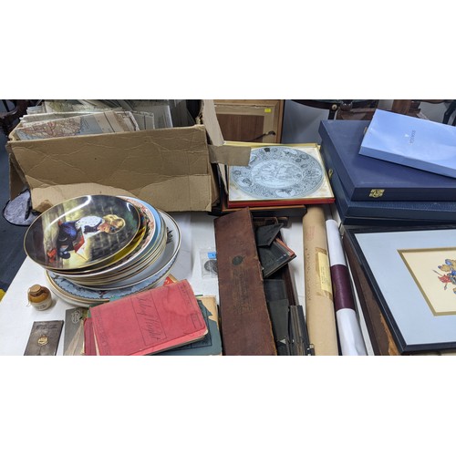 558 - A mixed lot to include collectors plates magic lantern slides, a canteen of cutlery, Victorian kitch... 