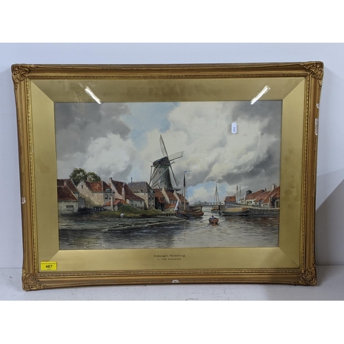 487 - A watercolour on board depicting the river in Balkengat Middelburg (Netherlands) by L. Van Staaten, ... 