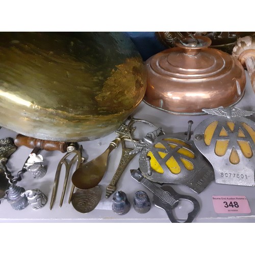 348 - Mixed brassware and silver plate to include a large gong, silver plated wine goblets and fireside im... 