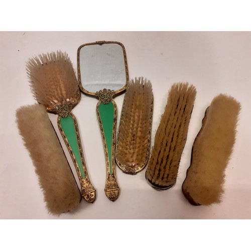 31 - A collection of vintage dressing table brushes to include 3 green Guilloche effect items, a silver a... 