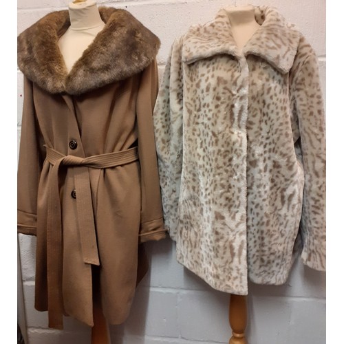 61 - Dennis Basso- A group of 3 ladies coats to include a black patent coat size large, a brown woollen c... 