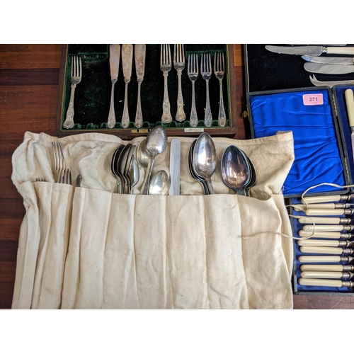 291 - Silver plated cutlery and flatware to include steak knifes and forks, grape scissors, cased and othe... 