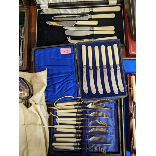 291 - Silver plated cutlery and flatware to include steak knifes and forks, grape scissors, cased and othe... 