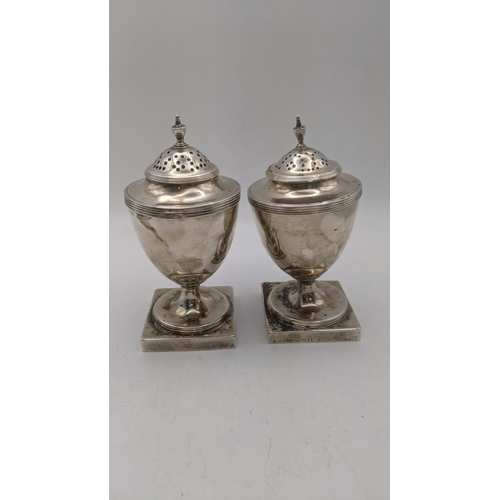 110 - Henry Corry silver salt and pepper pot on square pedestal base hallmarked London 1790 and 1789, one ... 