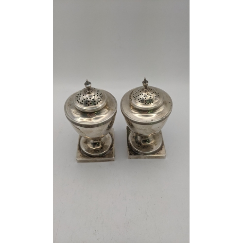 110 - Henry Corry silver salt and pepper pot on square pedestal base hallmarked London 1790 and 1789, one ... 